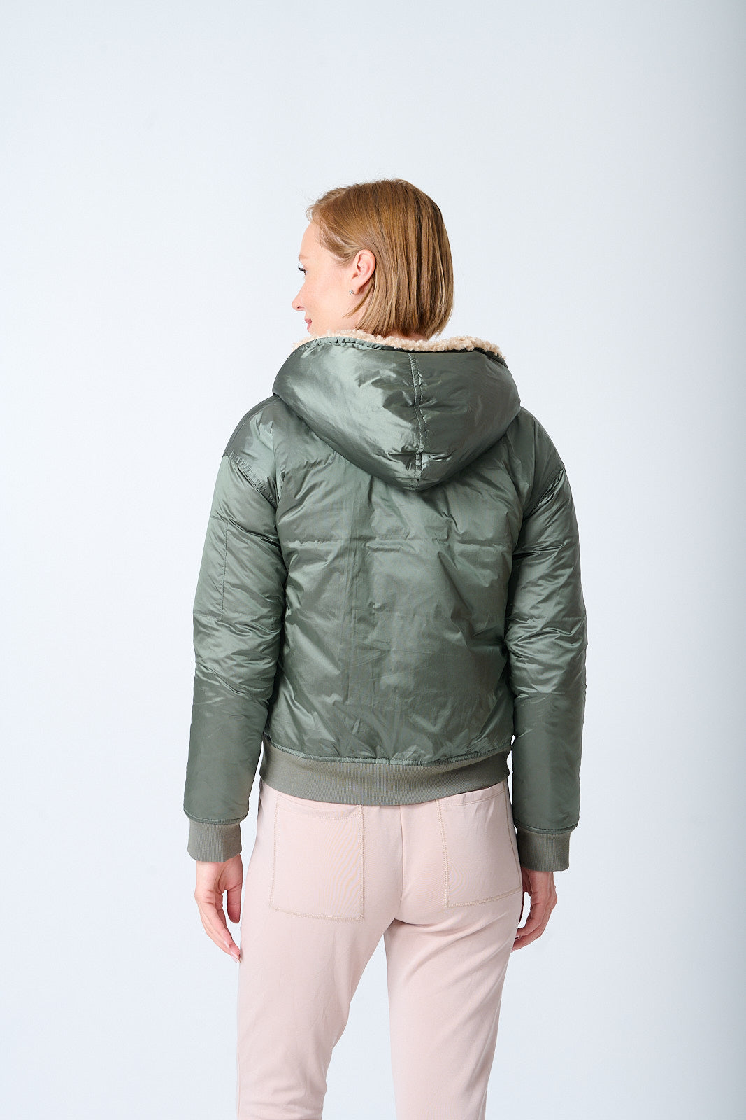 Green bomber jacket with grey hood deals