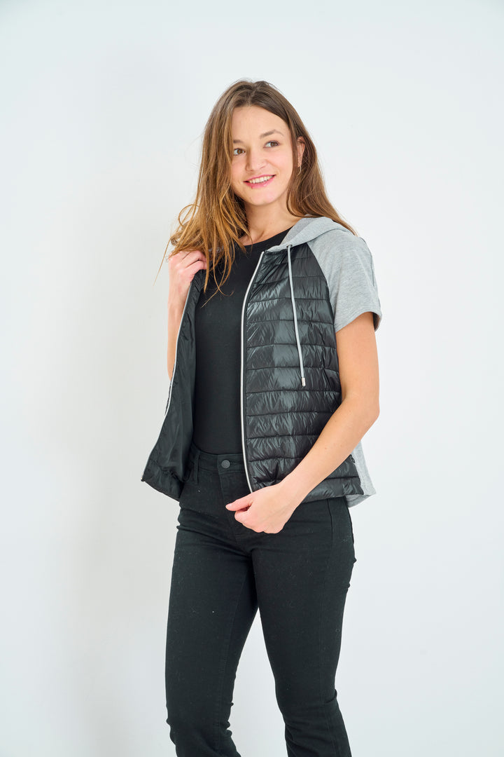 Mixed Short Sleeve Quilted Hoodie