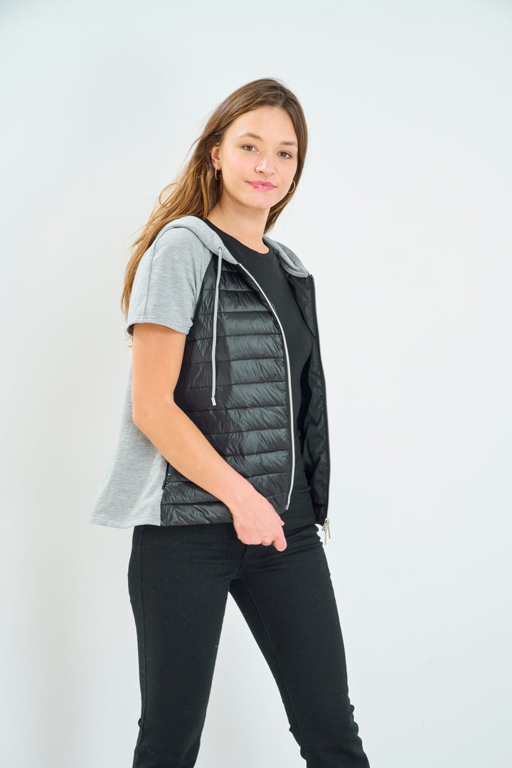 Mixed Short Sleeve Quilted Hoodie