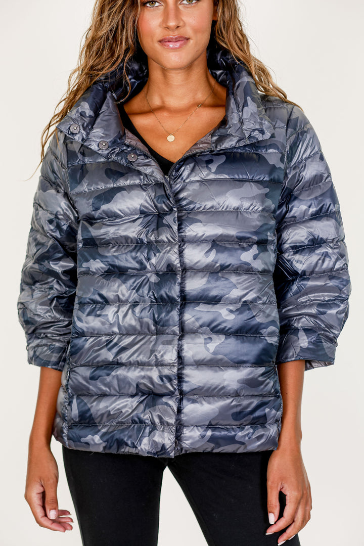 Pattern Crop Sleeve Puffer Jacket