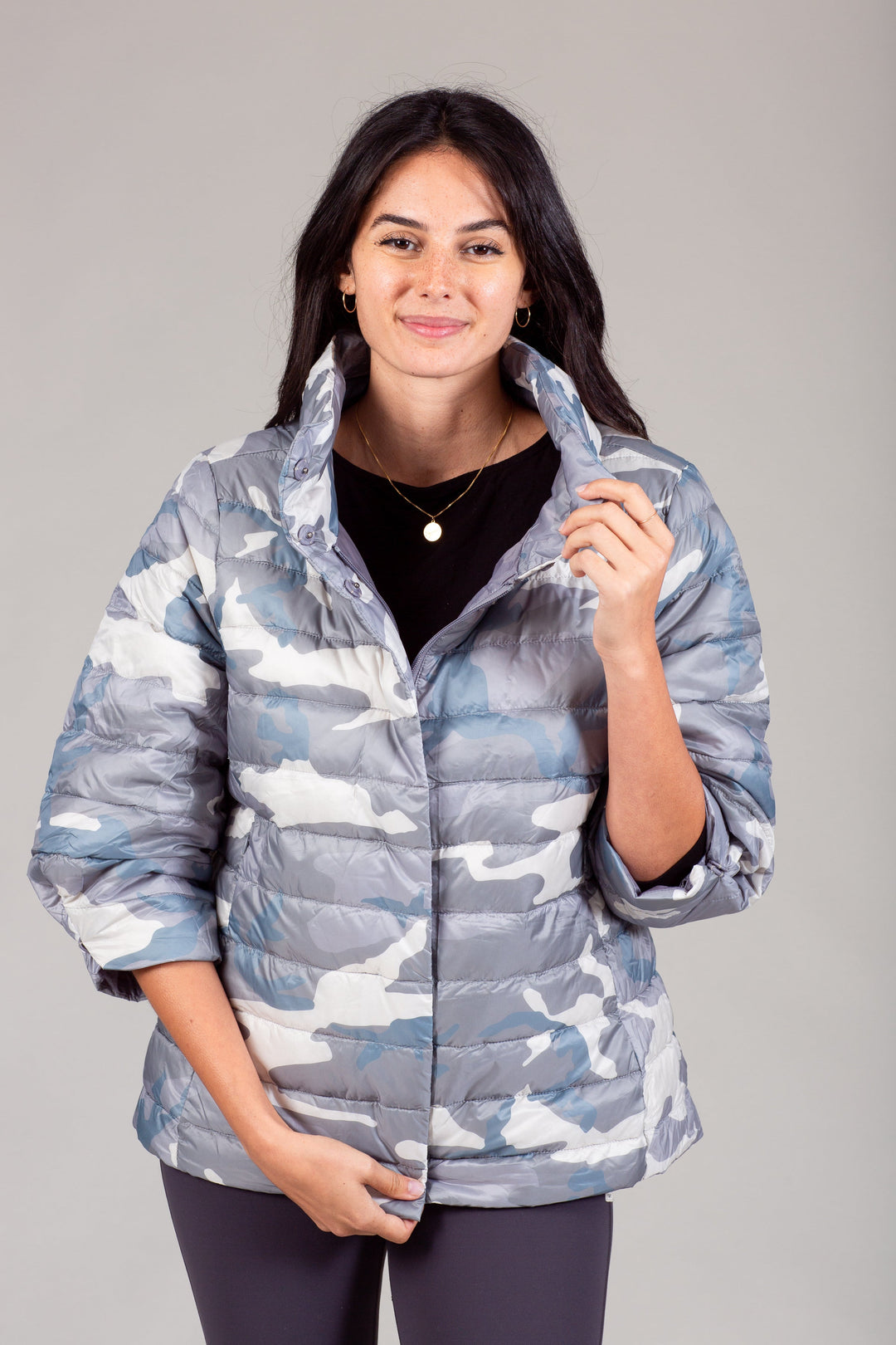 Pattern Crop Sleeve Puffer Jacket