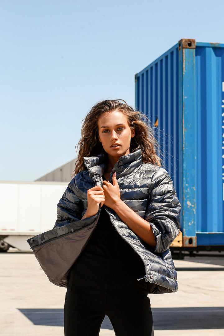 Pattern Crop Sleeve Puffer Jacket