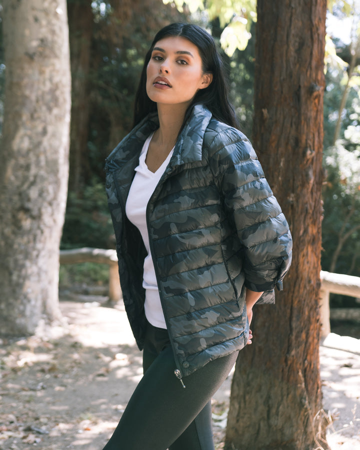 Pattern Crop Sleeve Puffer Jacket