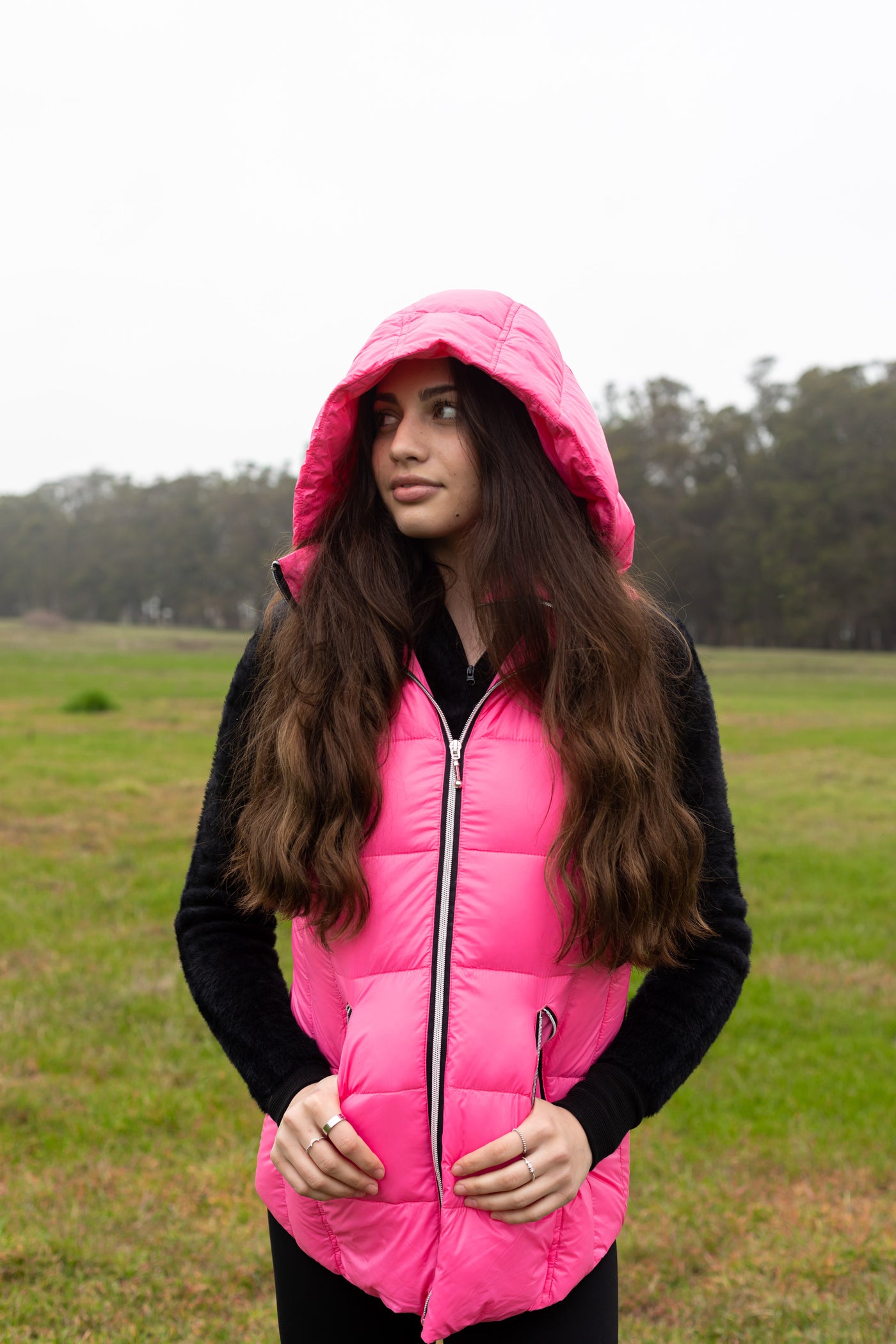 colorful hooded puffer long vest womens