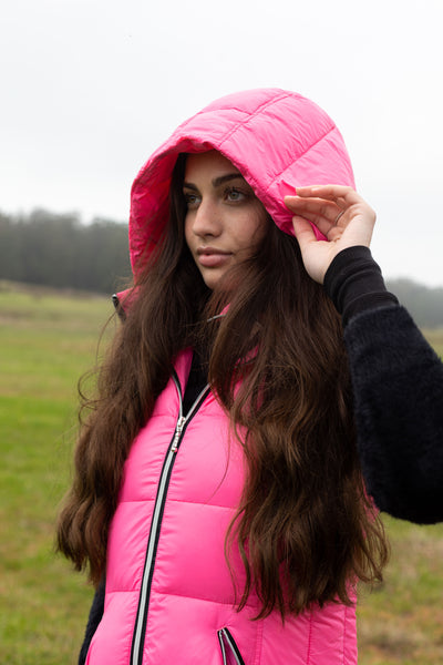 colorful hooded puffer long vest womens