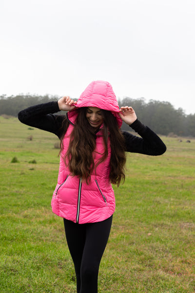 colorful hooded puffer long vest womens