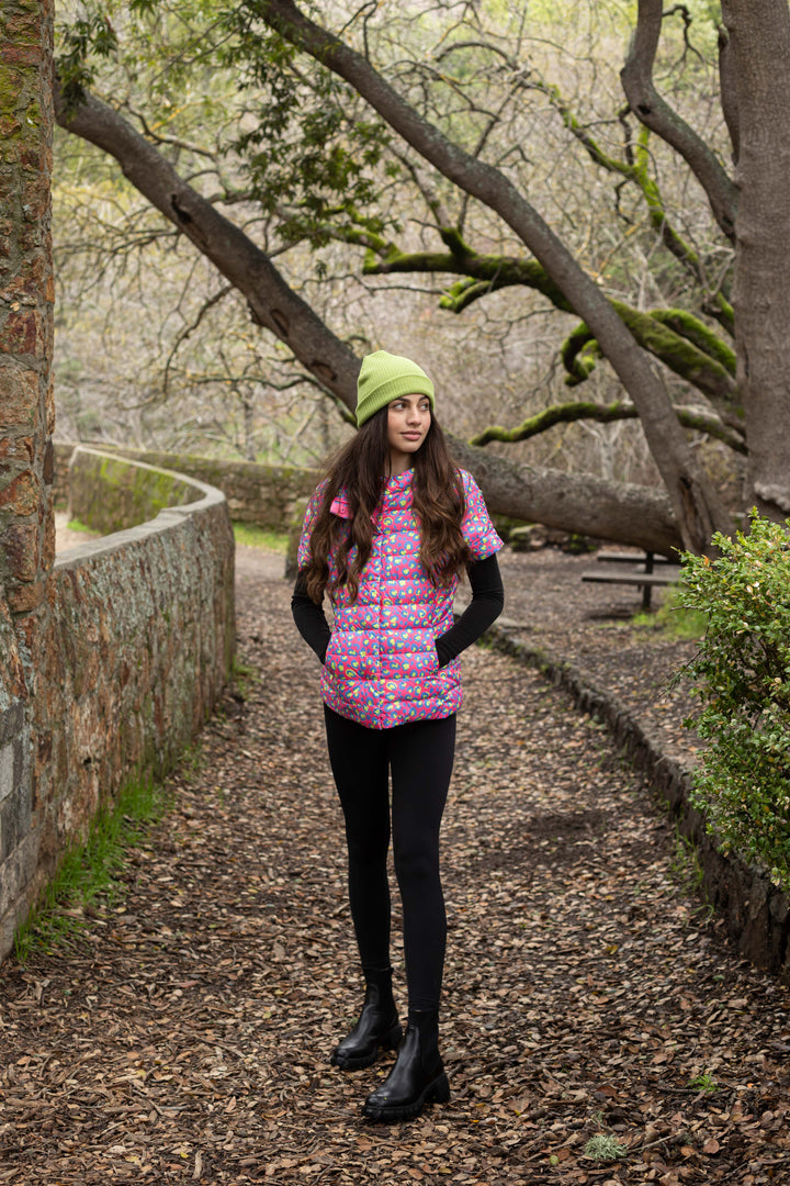 colorful short sleeve puffer jacket
