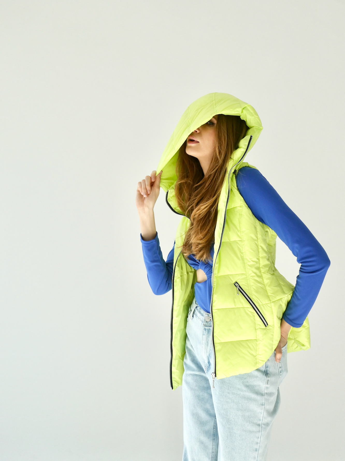 colorful hooded puffer long vest womens
