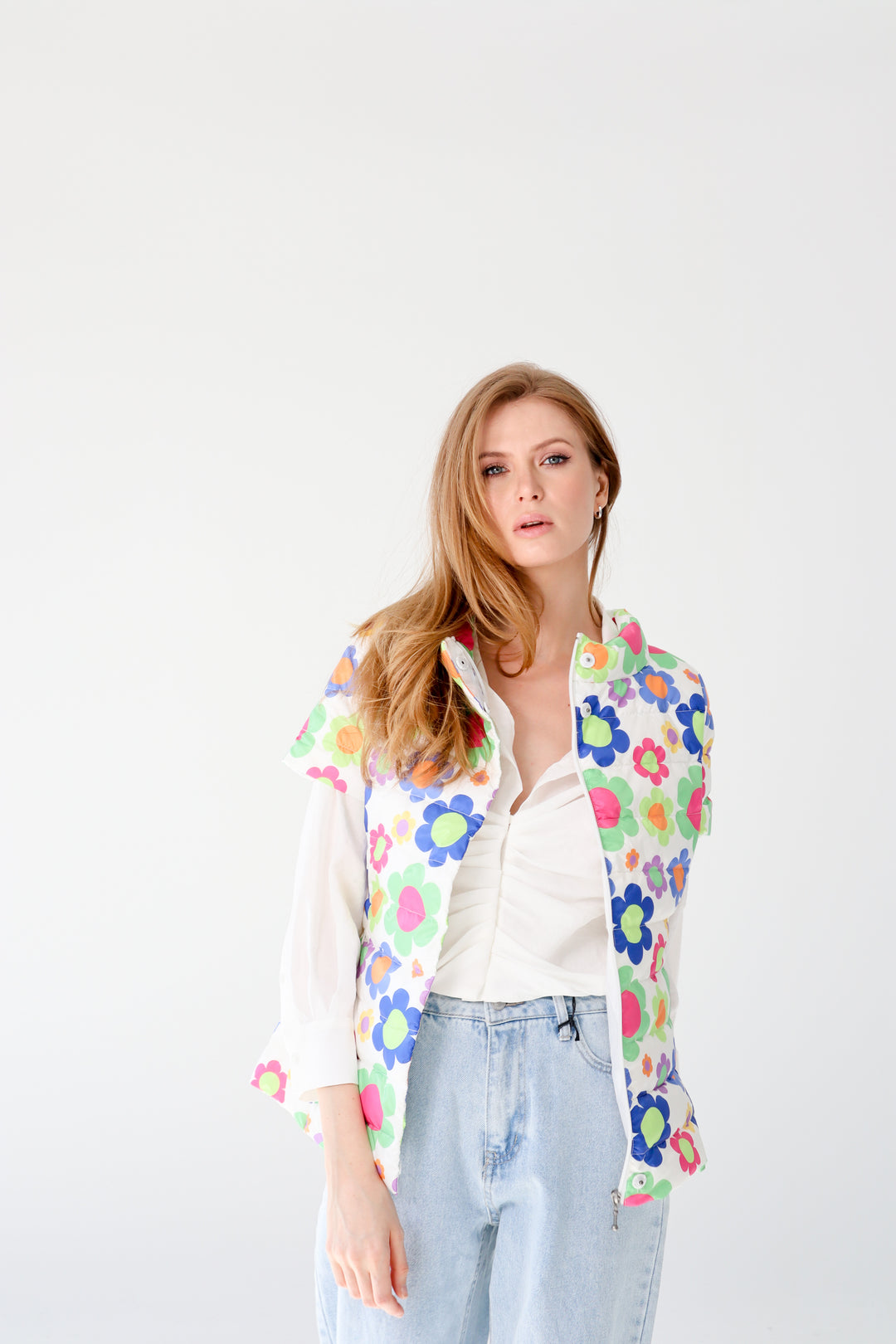 colorful short sleeve puffer jacket