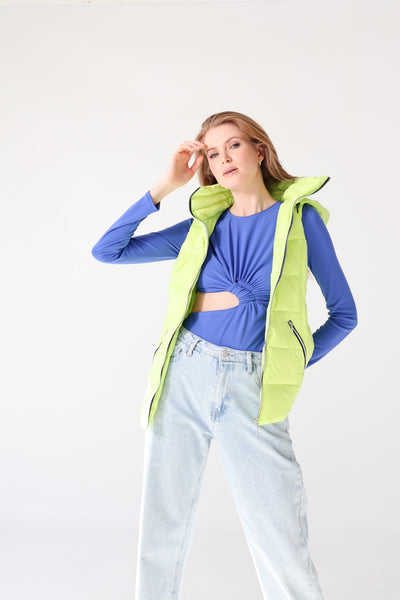colorful hooded puffer long vest womens