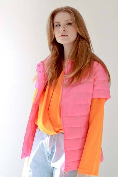 colorful short sleeve puffer jacket